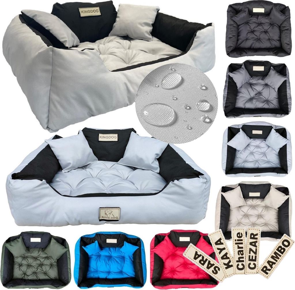 A collage of dog beds in various colors and styles, along with close-ups of the fabric and personalized name tags.
