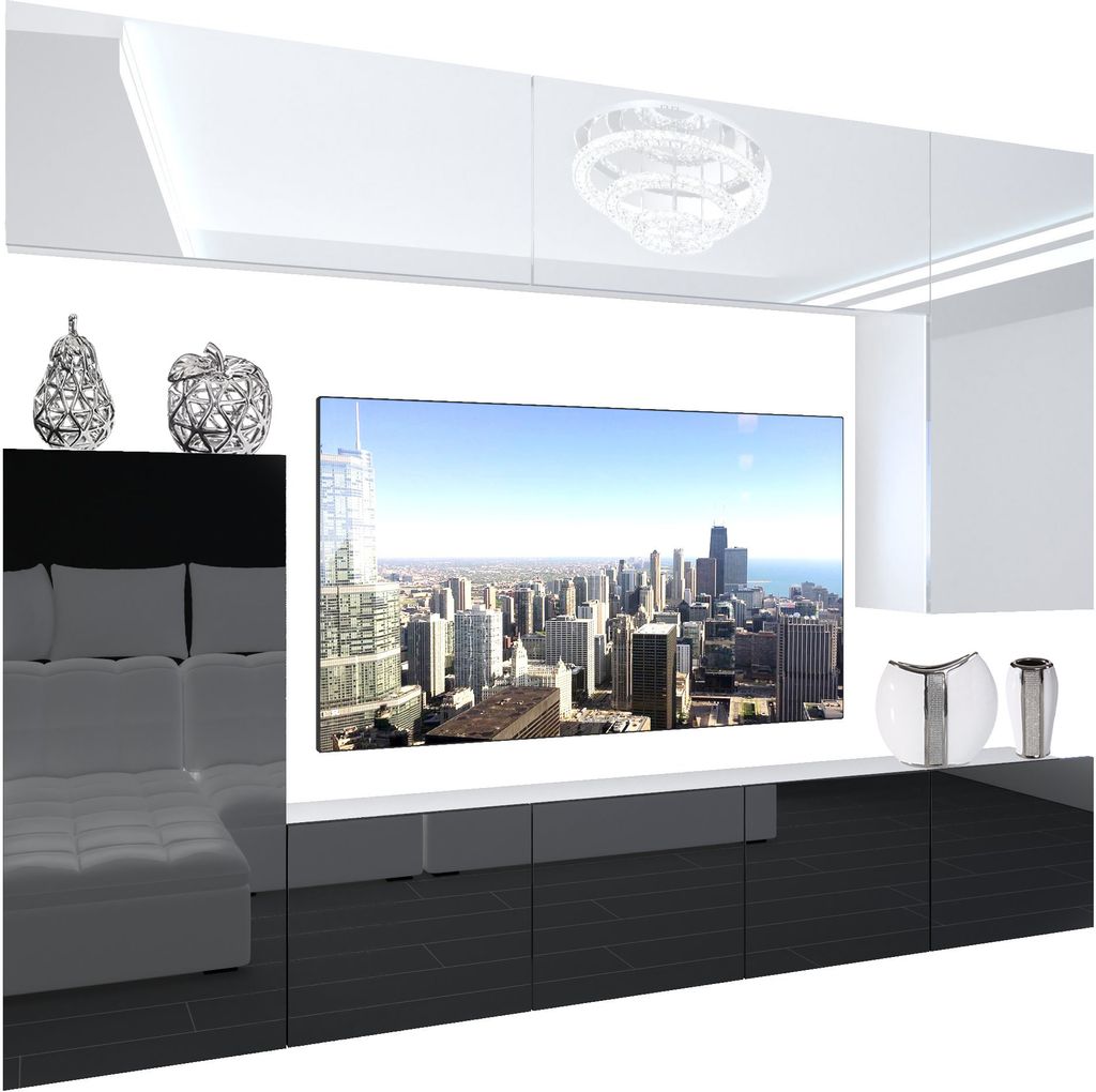 BELINI Wohnwand Vollausstattung Wohnzimmer-Set Moderne Schrankwand mit LED-Beleuchtung Weiß Glänzend Anbauwand TV-Schrank Weiß / Schwarz Glänzend