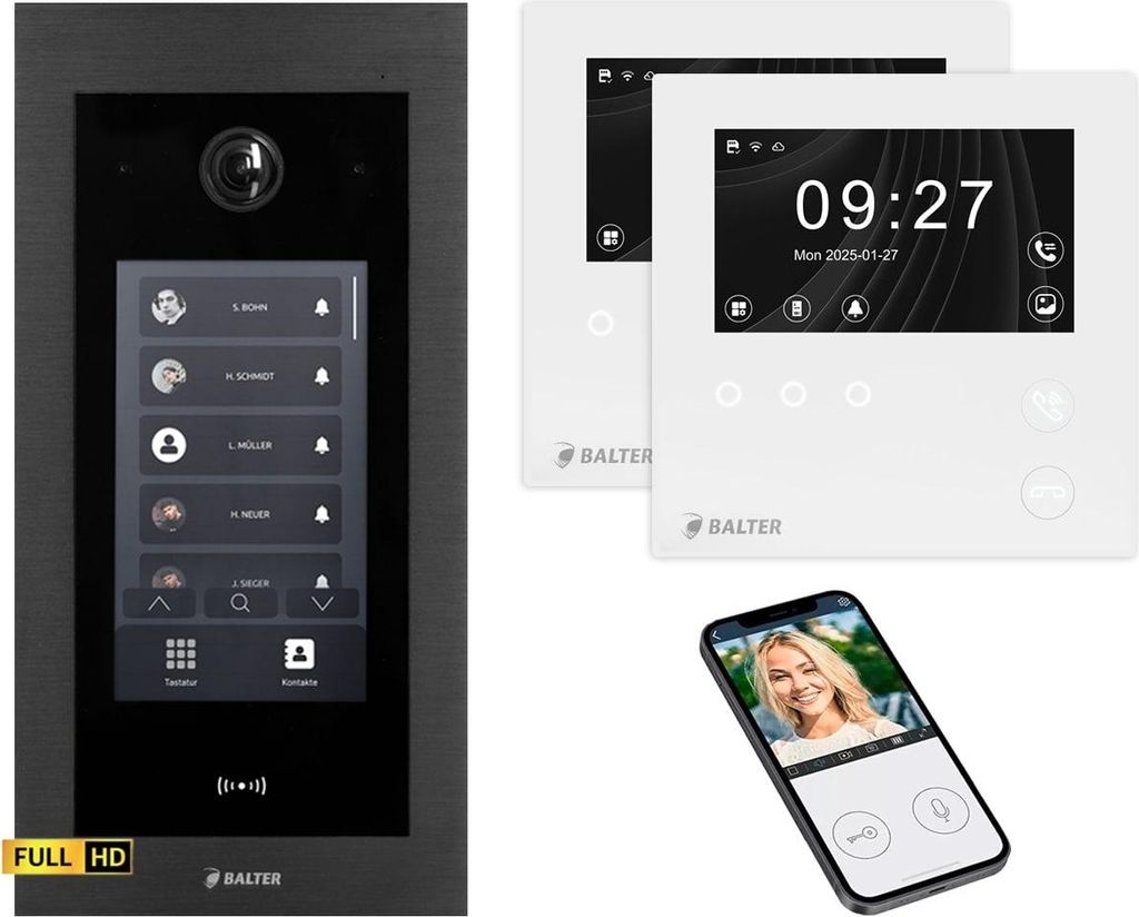 BALTER EVO HD Touch Video Türsprechanlage Schwarz 2x 4.3 Zoll Mini HD WiFi Monitor Weiß Set für 2 Familienhaus