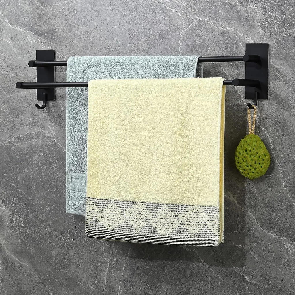 Porte-serviettes mural double noir 60 cm en acier inox sans perçage