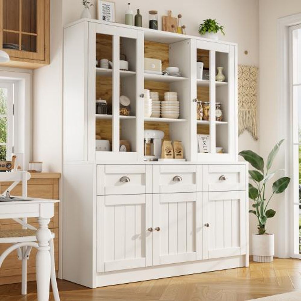 AIORBER Hochschrank Vitrinenschrank 140x38,5x175 cm, Standvitrine mit Acryl-Türen, Schubladen & verstellbaren Böden, Anti-Kipp, MDF, Weiß