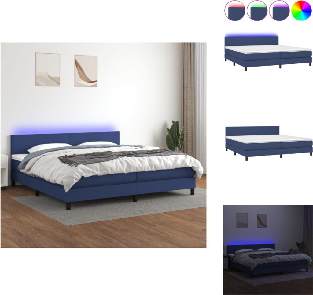 vidaXL Boxspringbett mit Matratze & LED Blau 200x200 cm Stoff - Betten & Bettgestelle
