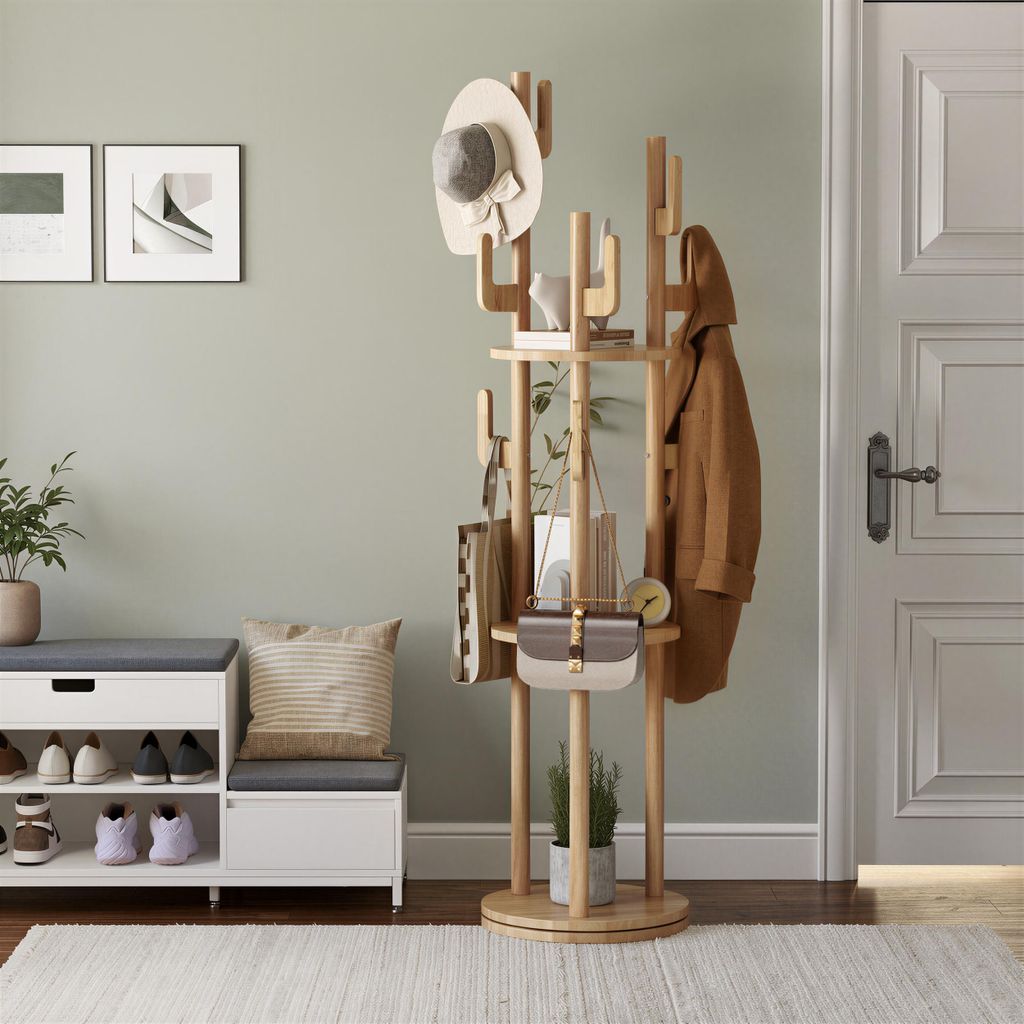Garderobenständer Kleiderständer drehbare, mit 9 Haken und 3 Ablagen 160*40cm, Freistehend Standgarderobe Garderobe in Baumform