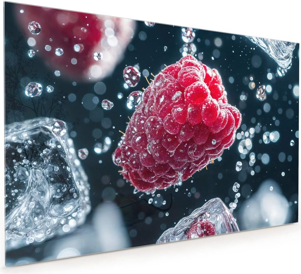 Küchenrückwand Spritzschutz Glas mit Motiv Himbeeren im Regen 40 x 40 cm