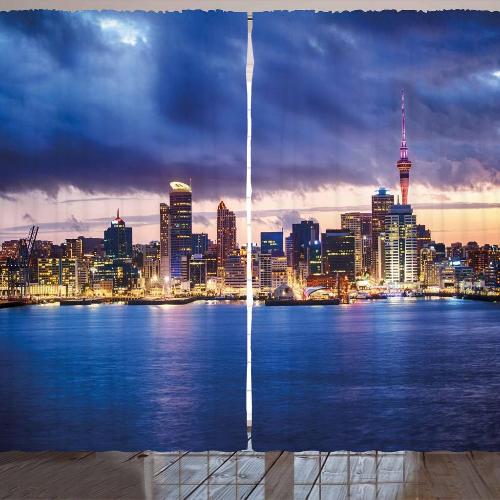 ARANDE Stadt Gardine, Auckland Die größte Stadt in Neuseeland Waterfront Reiseziel, 280 x 225 cm, Marineblau Blassgelb