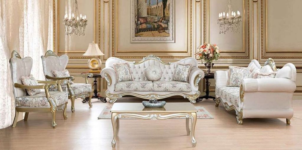 Casa Padrino Luxus Barock Wohnzimmer Set Rosa / Mehrfarbig / Gold / Silber - 2 Sofas mit Muster & 2 Sessel mit Muster & 1 Couchtisch - Prunkvolle B...