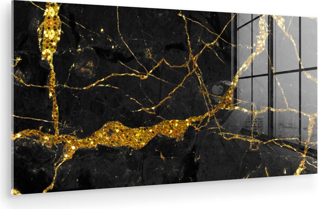 MuchoWow Glasbilder - Bilder auf Wandbild - Foto auf Glas Marmor - Gold - Schwarz - Marmoroptik - Luxus - Glitzer 40x20 cm Wanddekoration aus Glas ...