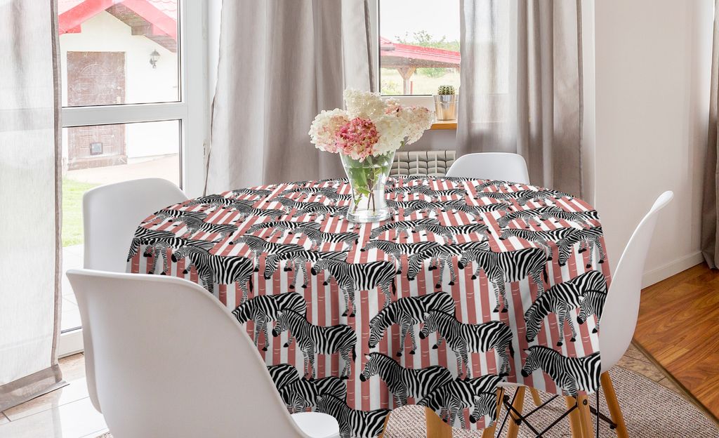ABAKUHAUS Safari Runde Tischdecke, Zebras und Coral Stripes, Kreis Tischdecke Abdeckung für Esszimmer Küche Dekoration, 150 cm, Coral Black and W...