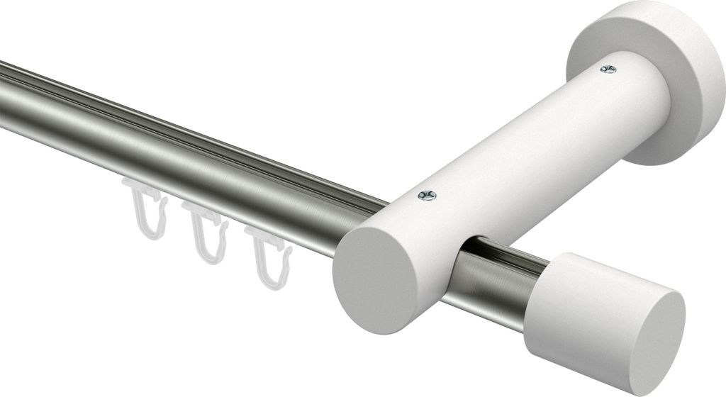 Interdeco Innenlaufstange / Gardinenstange mit Innenlauf Edelstahl-Optik / Weiß, Typ Talent Feta (Kappe), 20 mm Ø 1-läufig, 360 cm