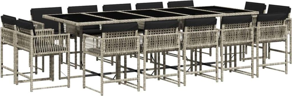 vidaXL 15-tlg. Garten-Essgruppe mit Kissen Hellgrau Poly Rattan