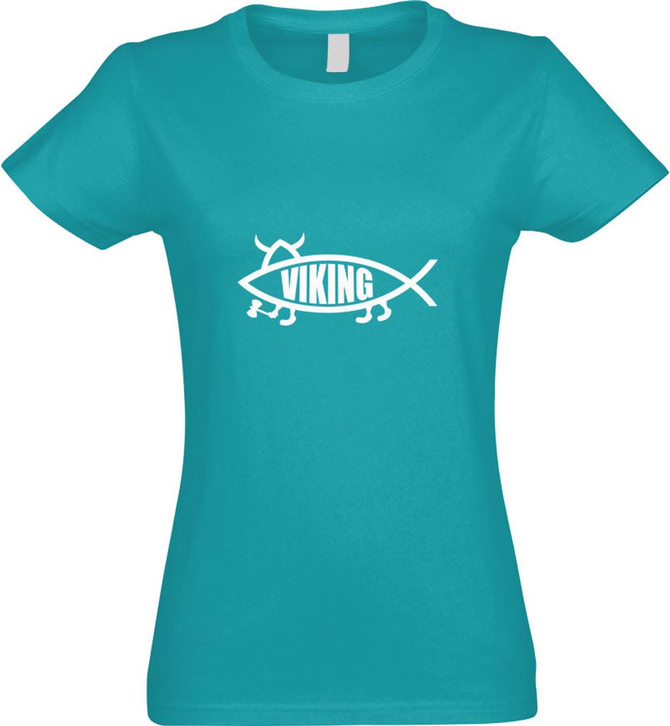 Kiwistar - T-Shirt tailliert - Damen - türkis - Viking Fisch - mit Motiv Bedruckt - Funshirt Design - Sport - Freizeit - Damen - L