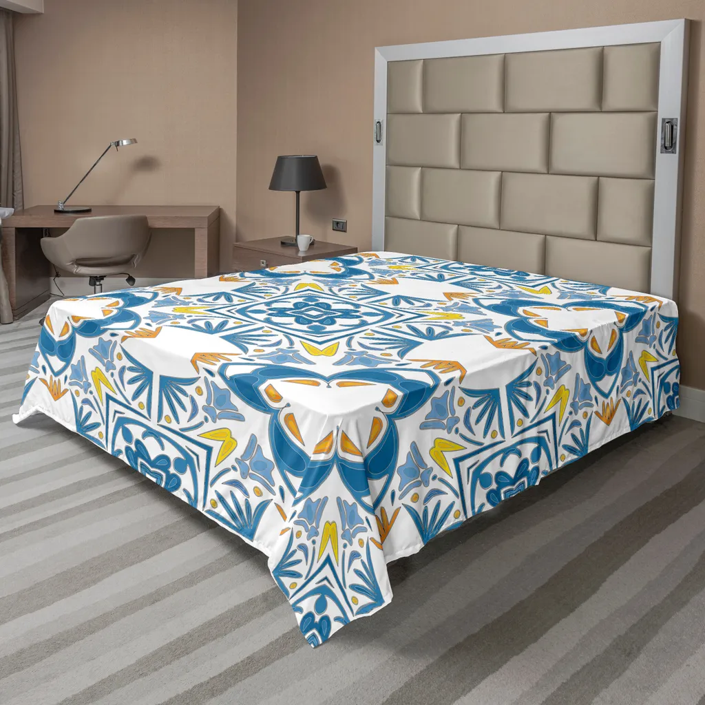 ABAKUHAUS Lenzuolo etnico, mosaico tunisino con influenza spagnola Azulojo Autentico stile retrò ispirato all'arabesco, lenzuolo morbido e confortevole per un letto decorativo 1 pezzo 275 cm x 260 cm, blu