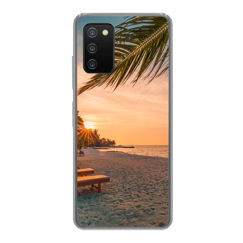 MuchoWow Handyhülle Schutzhülle Hülle für Samsung Galaxy A03s Strand - Strandkorb - Sonnenuntergang Silikon Softcase Handy Hülle - Schutz
