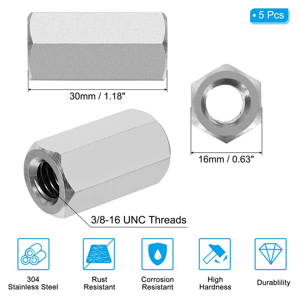 Gewindemuffe 3/8"-16 UNC 304 Edelstahl Sechskant Kupplungsmuttern, 5 Stš¹ck 1.18"/30mm Langmutter Gewindehš¹lse Sechskantmutter Edelstahl Kuppl...