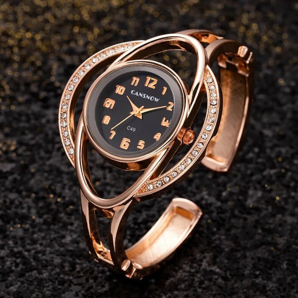 Elegante orologio da donna con chiusura a scatto - Design in oro e nero con movimento al quarzo, bracciale in metallo e dettagli scintillanti - Orologio elegante da indossare tutti i giorni e nelle occasioni speciali - 3