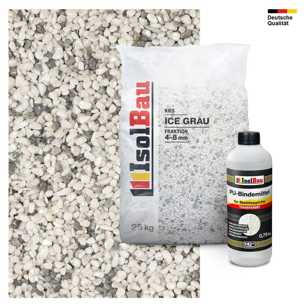 Steinteppich SET Marmorkies 25kg + PU-Bindemittel für 2,5m² 4/8mm Ice Grau