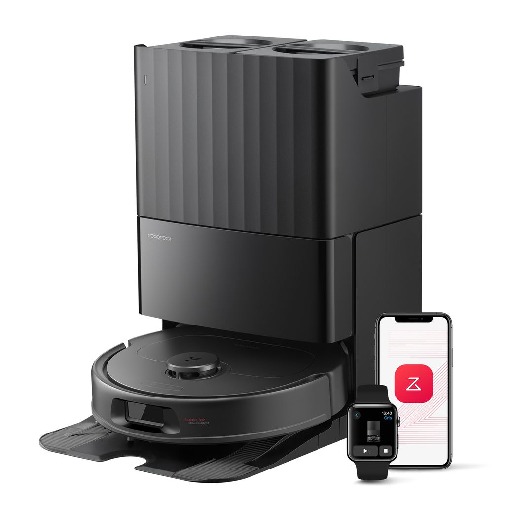 A black robot vacuum cleaner with its charging dock and two mobile devices (smartphone and smartwatch) are displayed against a white background.