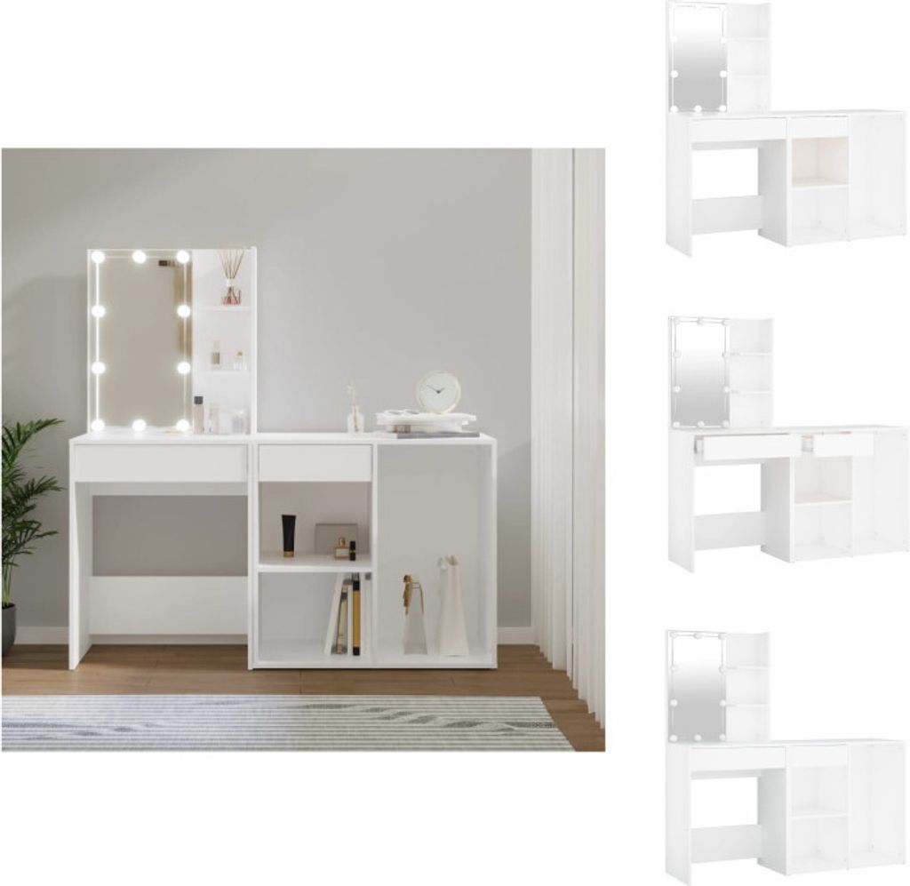 vidaXL LED-Schminktisch mit Schrank Weiß Holzwerkstoff - Schminktische