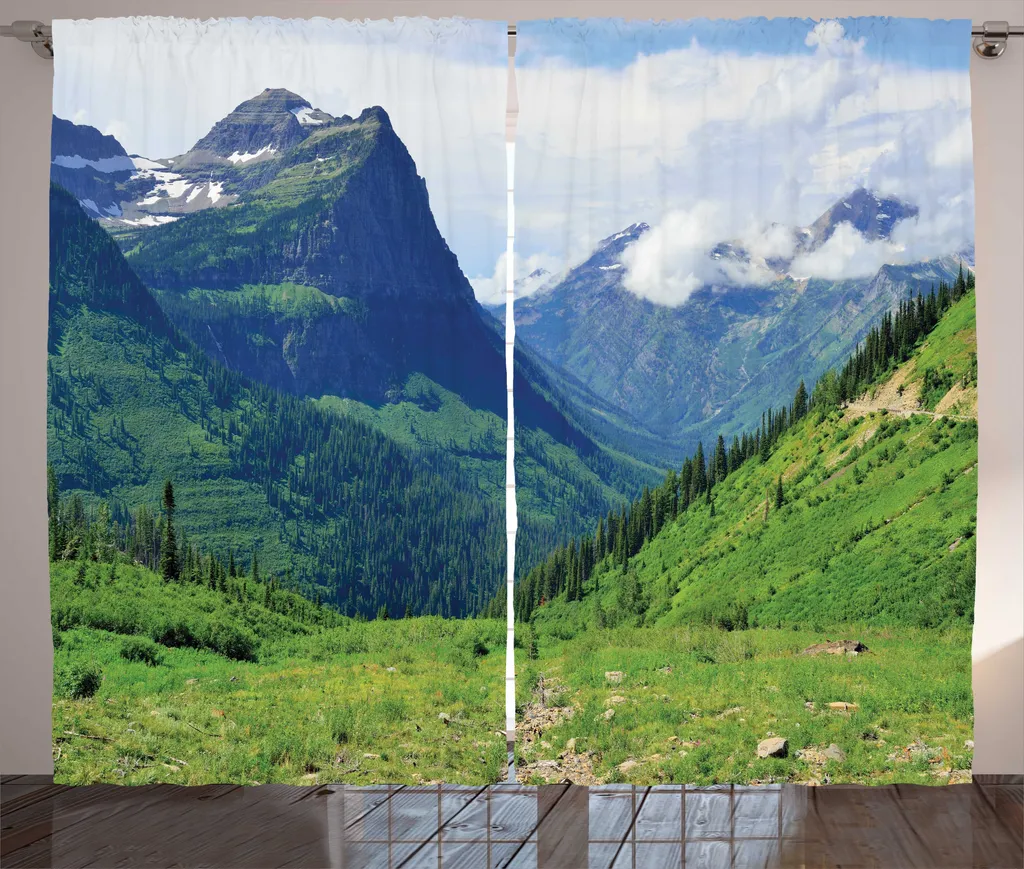 Rideau pour chambre à coucher motif paysage montagneux bleu et vert