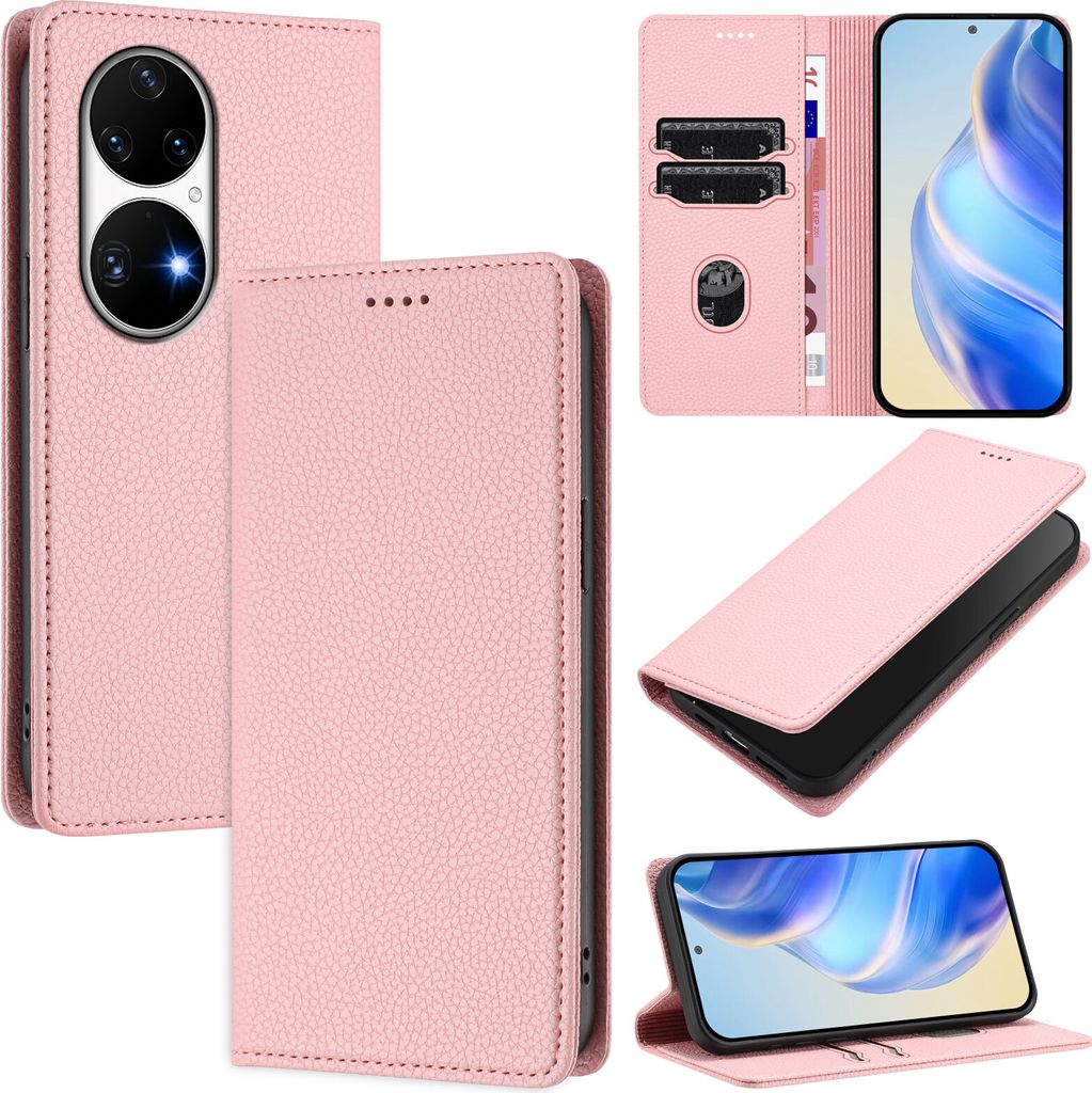 Litchi Leder Handyhülle für Huawei P50 Pro Wallet Kartenfächer Standfunktion Hülle Pink