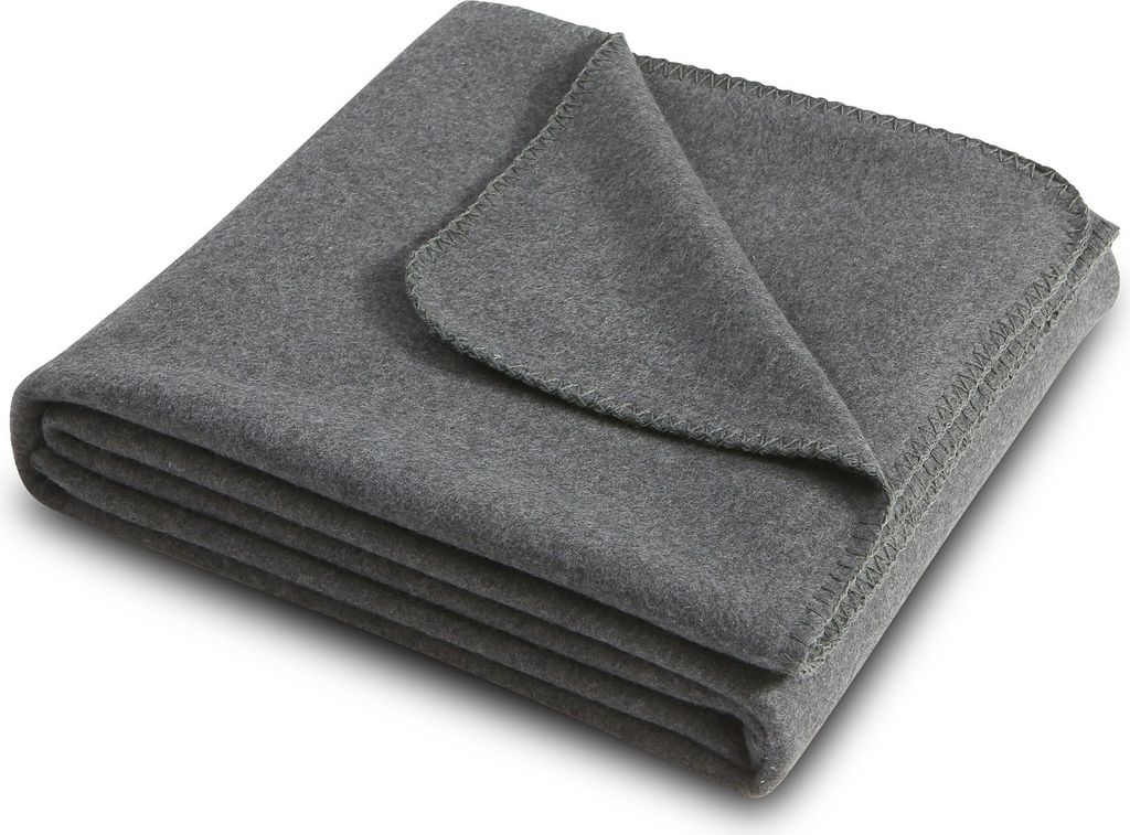 A folded gray fleece blanket is shown on a white background.