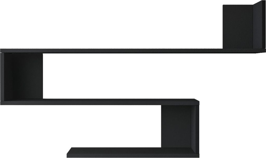 A black, modern, zig-zag shaped wall shelf is displayed against a white background.