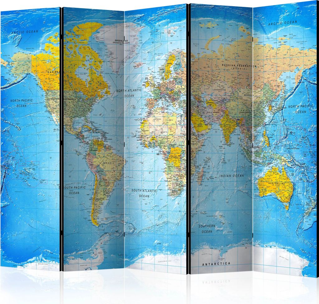 5-teiliger Doppelseitiger Vlies Paravent - World Classic Map 225x172 cm Karten k-A-0109-z-c