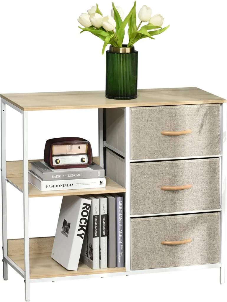 Petit meuble de rangement 3 tiroirs et étagères bois et tissu 80 cm