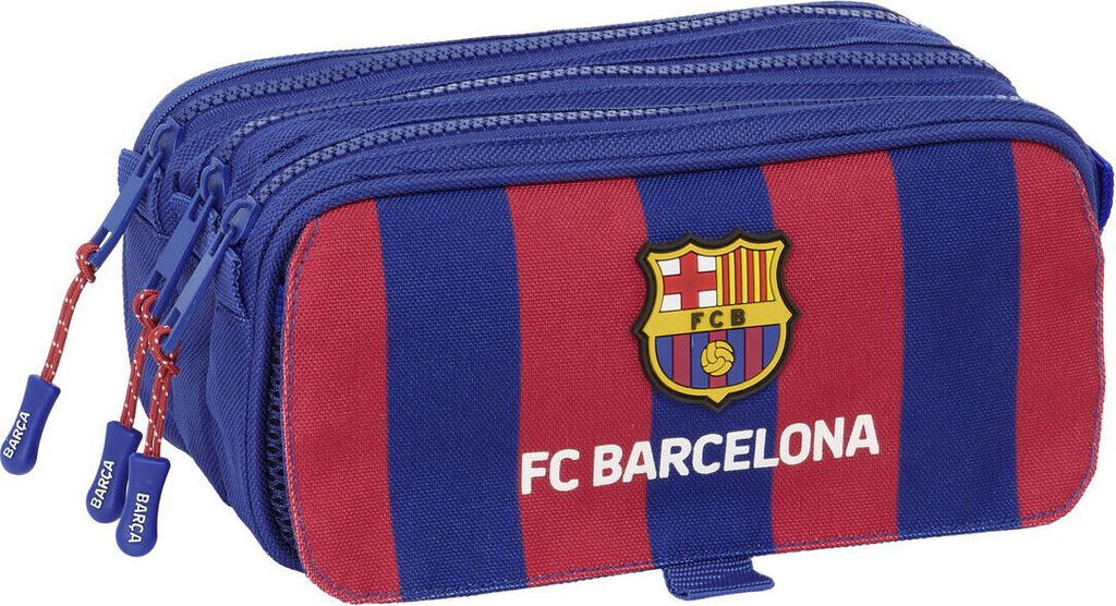 A blue and red striped pencil case with the FC Barcelona logo and text.
