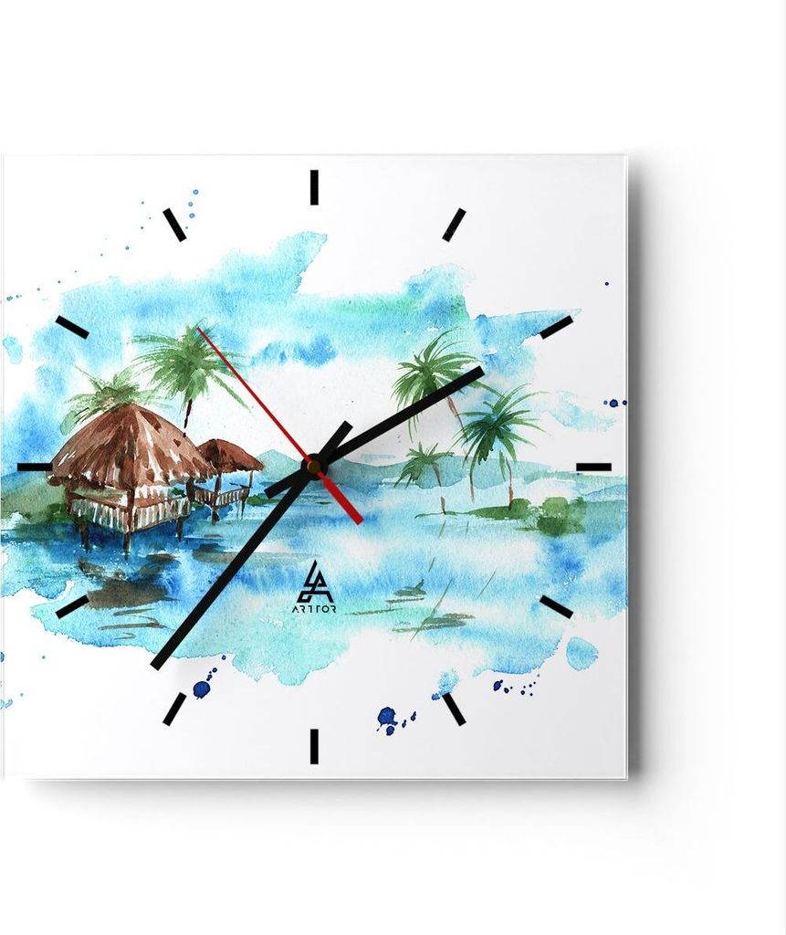 Wanduhr - Quadrat - Glasuhr - Tropen Wasser Bungalow Ufer - 40x40cm - Schleichendes Uhrwerk - Lautlos - zum Aufhängen bereit - Dekoration Modern -...