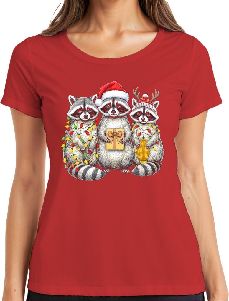 Weihnachts Waschbären Lustig Geschenk Lichterkette Weihnachtsmütz Damen T-Shirt, Rot, 3XL