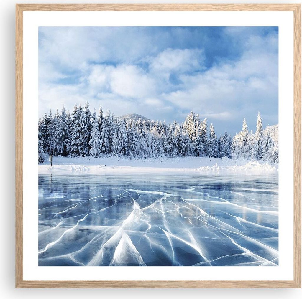 Gerahmtes Poster - Rahmen in heller Eiche - Wald Eis See - 60x60 cm - Wand Bild - Wanddeko - Wandbilder - Kunstposter - Wandposter - Bilderrahmen -...