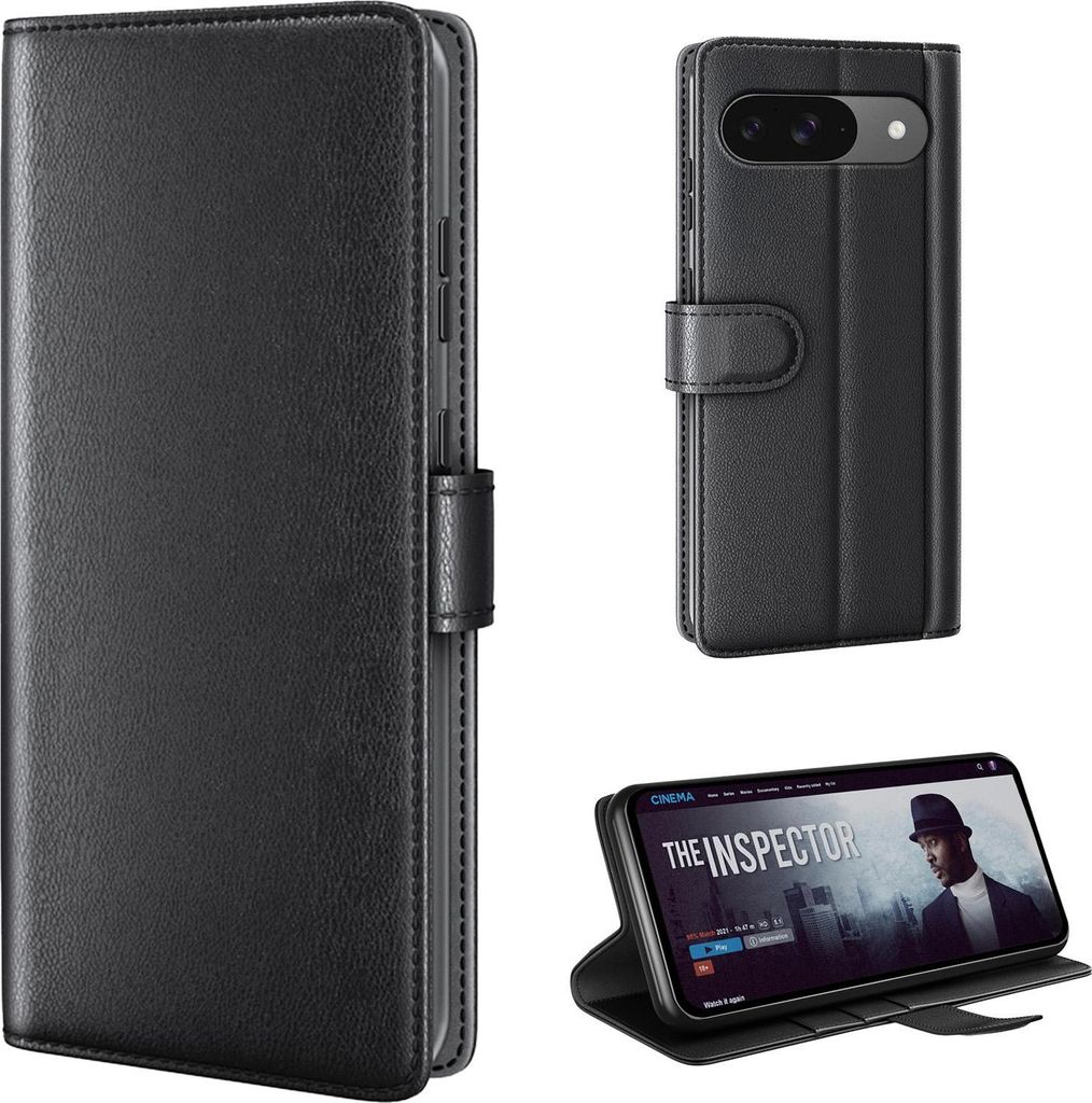 Echtleder Handyhülle für Google Pixel 9 Lederhülle Cover Case Tasche Klapphülle Fliphülle Leder Hülle Farbe: Schwarz