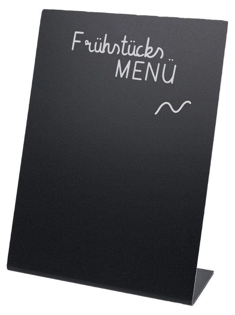 Kreidetafel als Tischaufsteller von HMF in DIN A6 Hochformat als L-Ständer in Schwarz