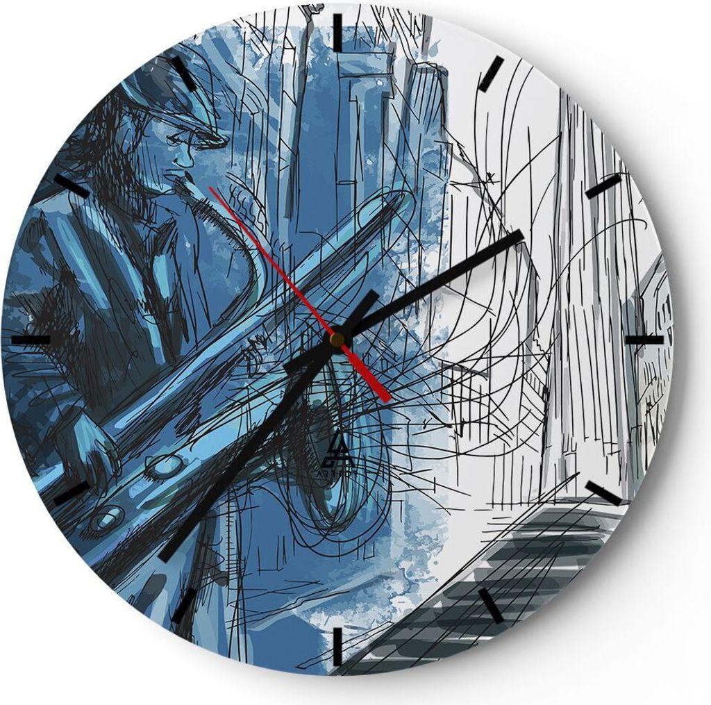 Wanduhr - Rund - Glasuhr - Saxophon Musiker Zeichnen - 40x40cm - Schleichendes Uhrwerk - Lautlos - zum Aufhängen bereit - Dekoration Modern - Wand...