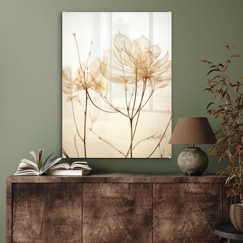 MuchoWow Glasbilder - Bilder auf Wandbild - Foto auf Glas Getrocknete Blumen - Beige - Pflanzen - Weiß 60x80 cm Wanddekoration aus Glas - Acrylgla...