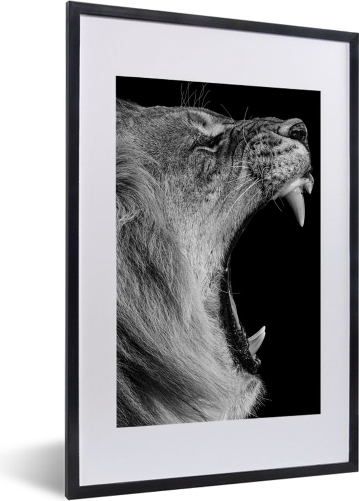 MuchoWow Gerahmtes Poster Tiere - Löwe - Schwarz - Weiß - Porträt 40x60 cm - Poster mit Schwarzem Bilderrahmen Wandposter Rahmen Foto Bilder -...