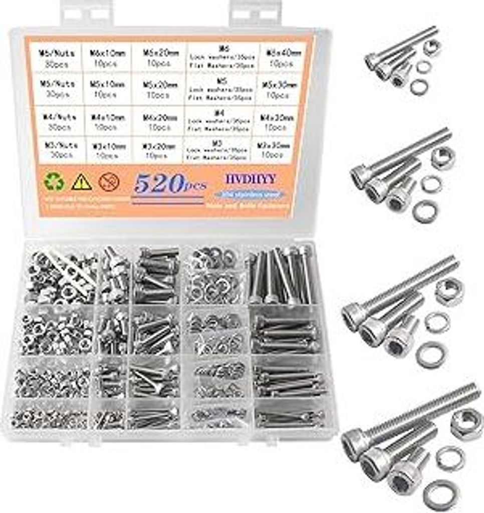 Sets mit Schrauben und Muttern M3 M4 M5 M6 Zylinderschrauben mit Innensechskant A2-70 EdelstahlMuttern,Unterlegscheiben Sortiment Kit Hex Socket Bu...