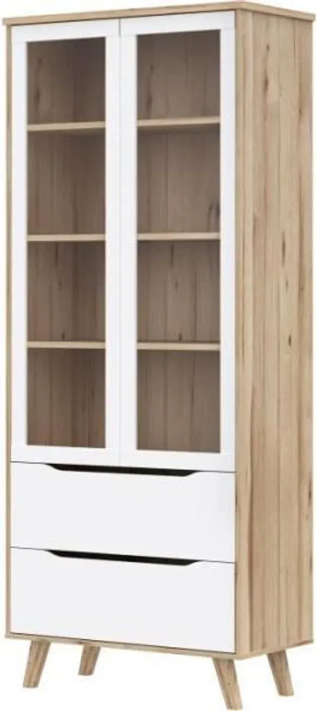 Vitrine Haute VANKKA Design Bicolore Blanc et Chêne 2 Portes Verre