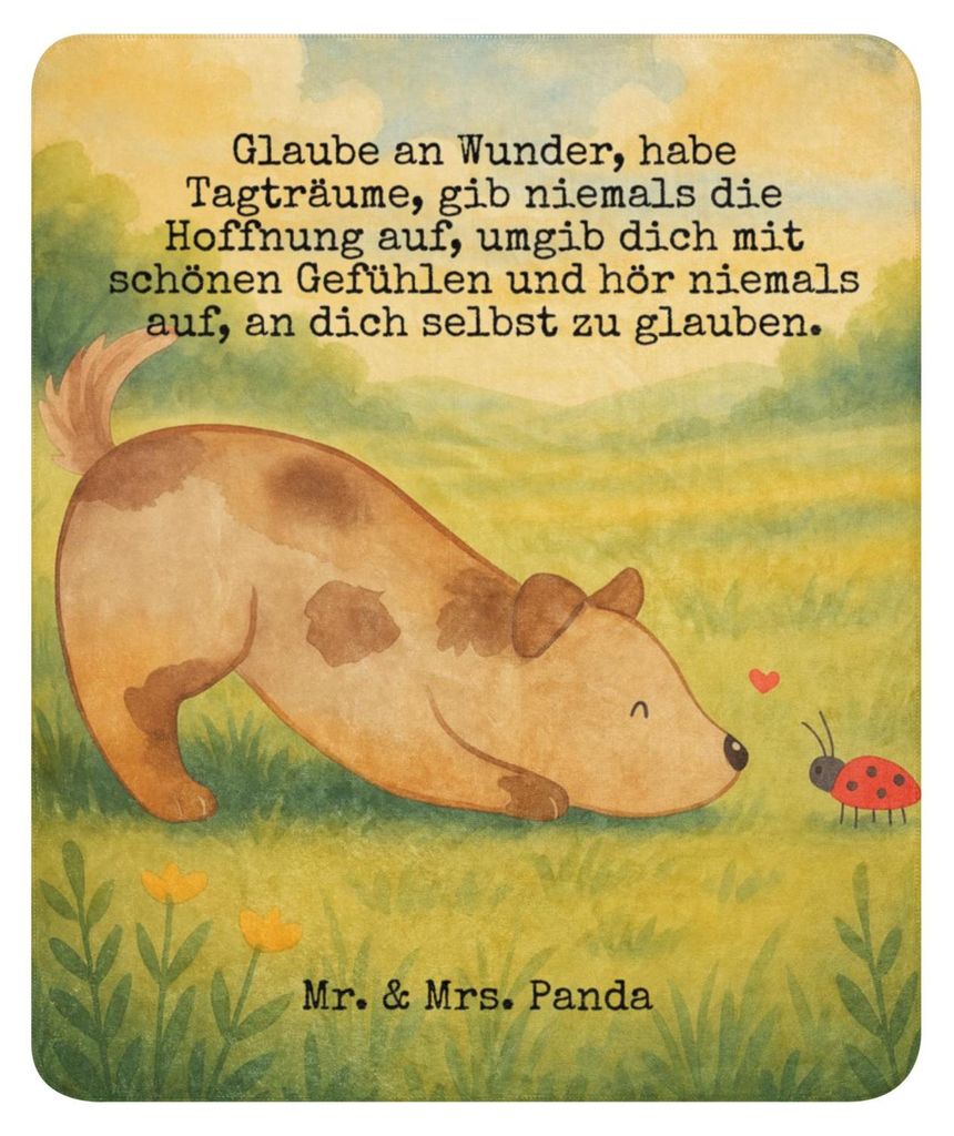 Mr. & Mrs. Panda Decke Hund Marienkäfer Design 130 x 155 cm - Weiß - Geschenk, Hunde, Zuversichtlich, Wohndecke, Sprüche, Kuscheldecke, Positiv,...