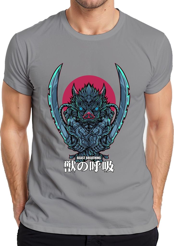 Beast Breathing Samurai Schwert Wildschwein Maske düster Herren T-Shirt, Grau, M