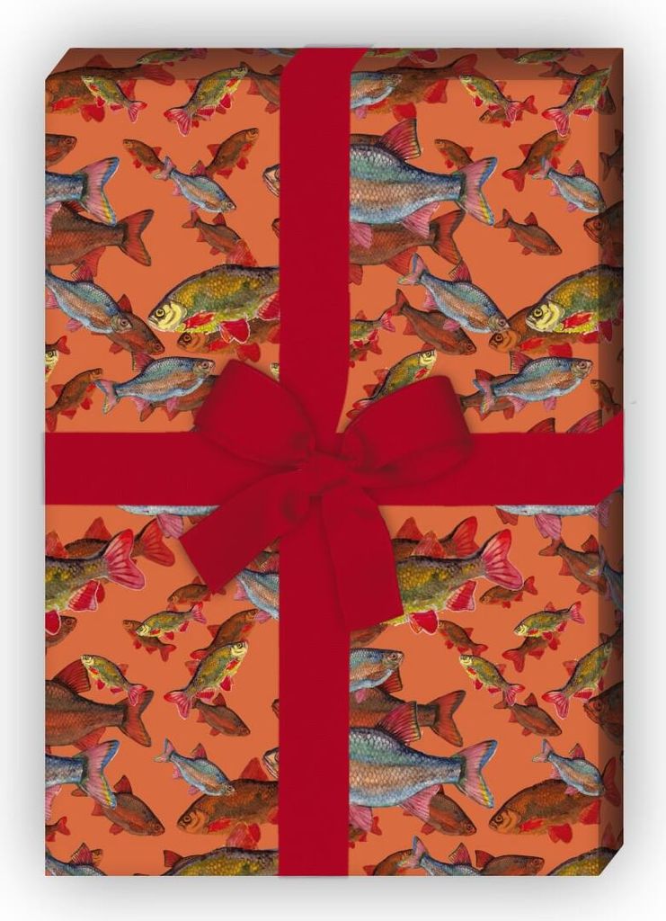 Edles Geschenkpapier mit Fischen unter Wasser auf orange - Produktbild 