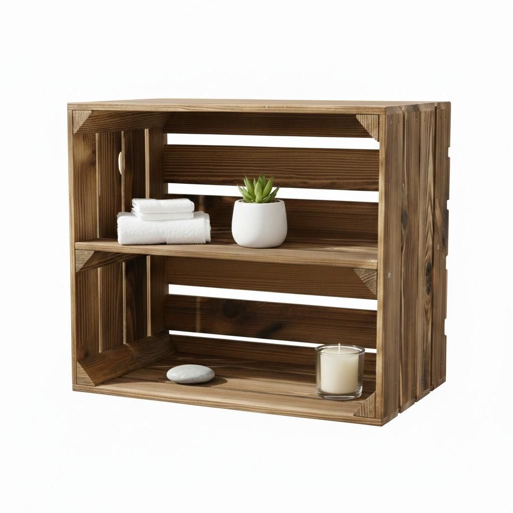 A wooden crate used as a shelf, displaying decorative items.