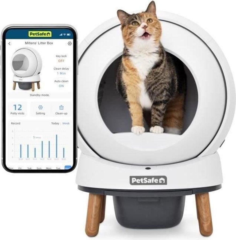Selbstreinigende Katzentoilette PETSAFE SmartSpin, Vernetzt, Kompatibel mit Klumpstreu, Weiß