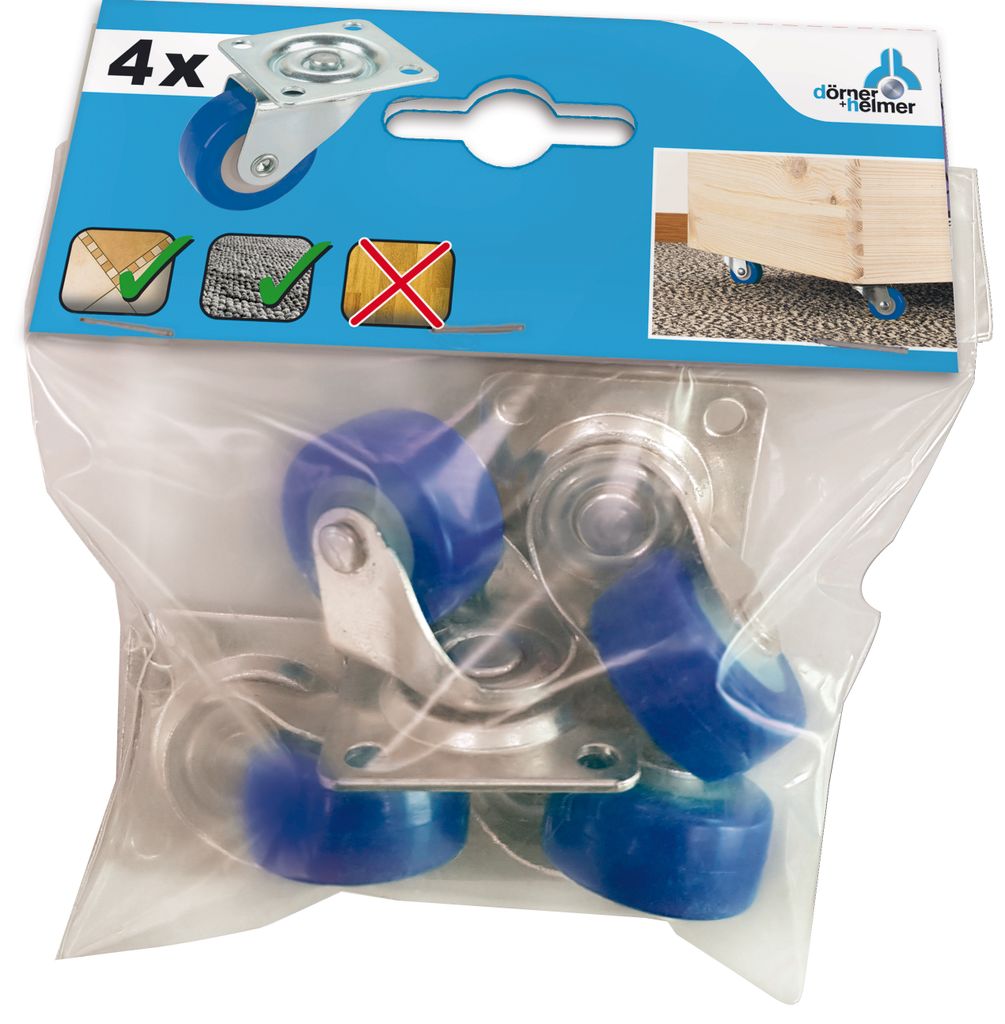 Dörner + Helmer Set Lenkrollen 4x Lenkrolle +Schrauben 30x14 mm Polyurethan blau