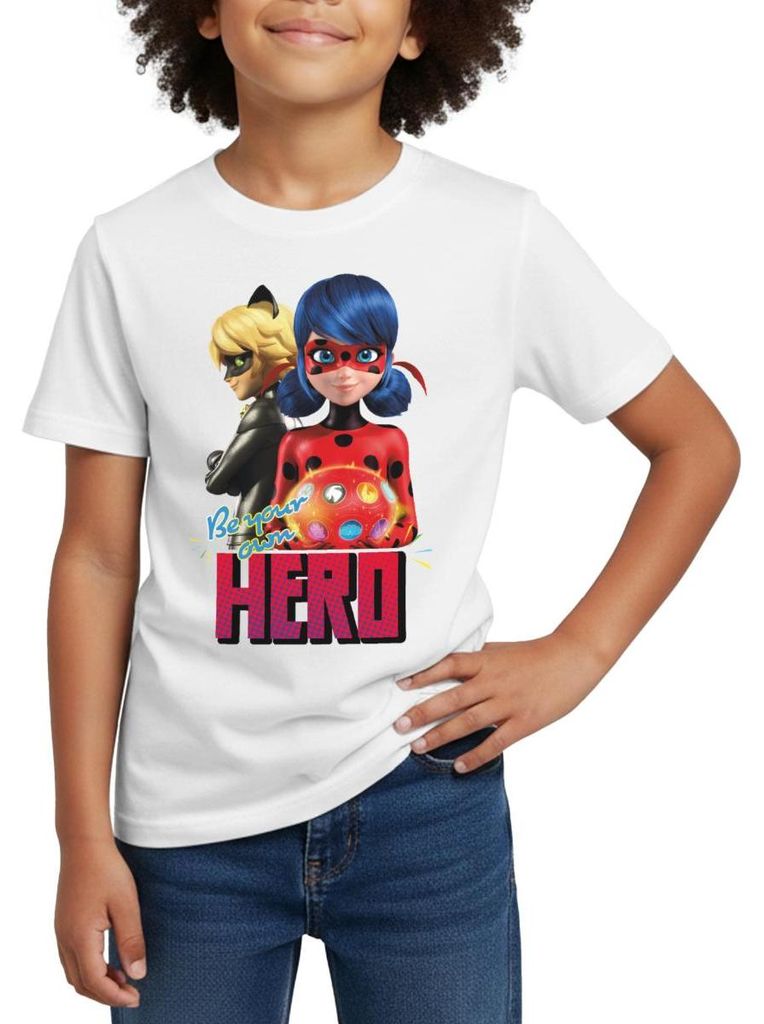Spreadshirt Miraculous Be Your Own Hero Kinder T-Shirt, 98/104 (3-4 Jahre), Weiß