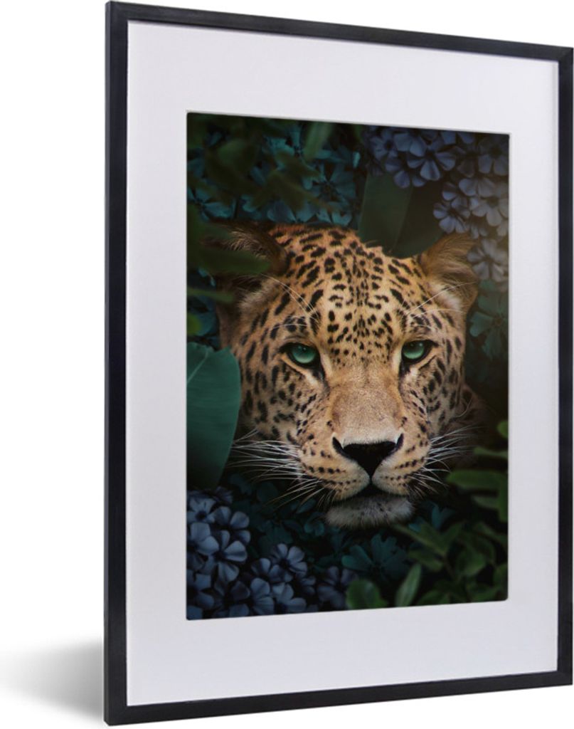 MuchoWow MuchoWow Gerahmtes Poster Panther - Dschungel - Blumen - Pflanzen 30x40 cm - Poster mit zchwarzem Bilderrahmen - Wandposter Schlafzimmer