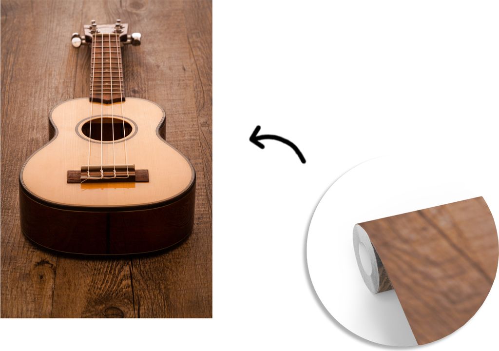 MuchoWow Fototapete für Wohnzimmer oder Schlafzimmer Wandtapete Vinyl Motivtapete Akustische Gitarre auf einem Holztisch - 150x220 cm - Wandbilder
