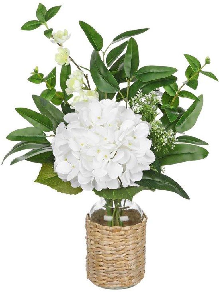 Hortensia-Blumen in Glasvase, wei, Kunstblumen für Tischdekoration, Büro, Haus, Hochzeit