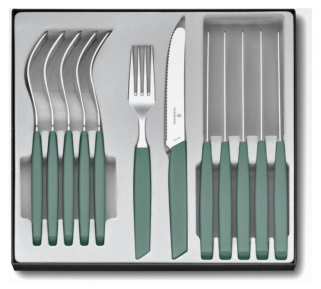 Modernes Besteckset, 12-teilig, 6 Gabeln, 6 Tafelmesser, Extra scharfe Klinge, Spülmaschinenfest, Sage